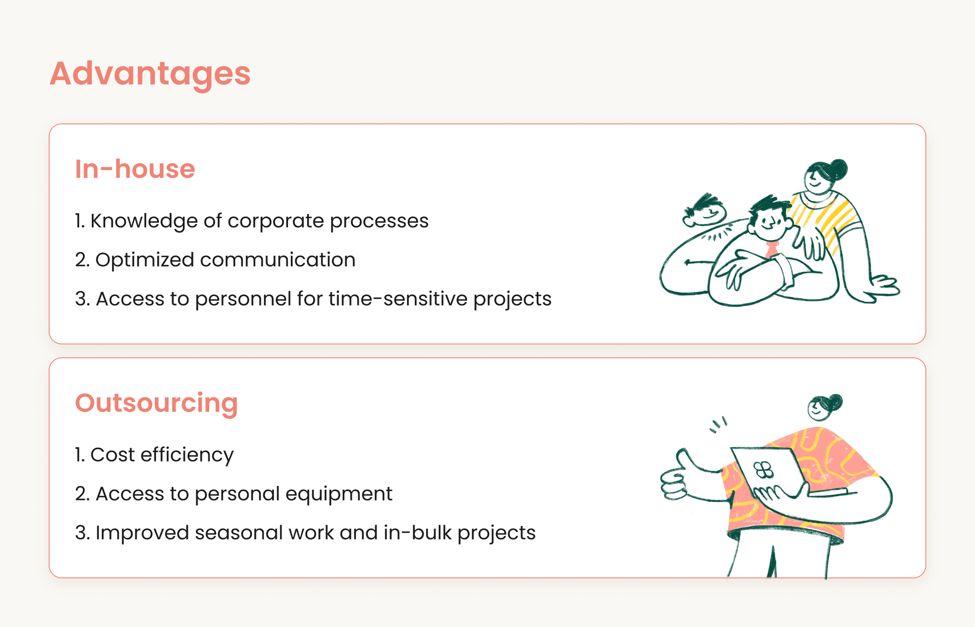 The image lists the advantages of in-house and outsourcing teams. For in-house teams, these include: knowledge of corporate processes, optimized communication, and access to personnel for time-sensitive projects. For outsourcing teams, these include: cost efficiency, access to personal equipment, and improved handling of seasonal and bulk projects.